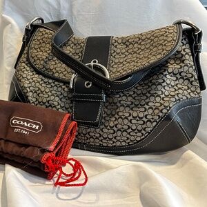 Authentic Classic Coach Print Hobo Bag with Black Leather and Silver Hardware